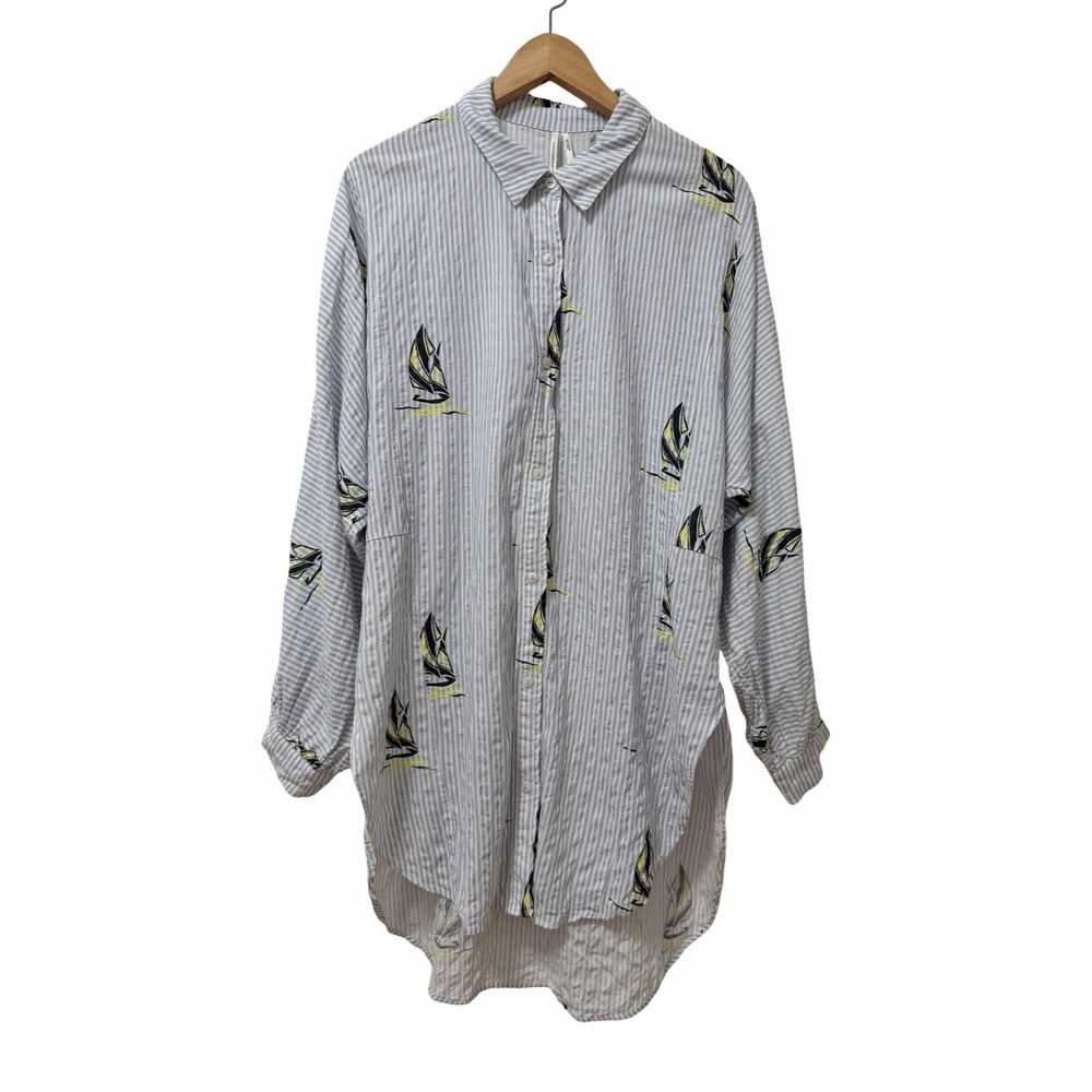Anthropologie Stripe Boat Sail Textured Button Up Sleep Shirt Size M Blue Lounge